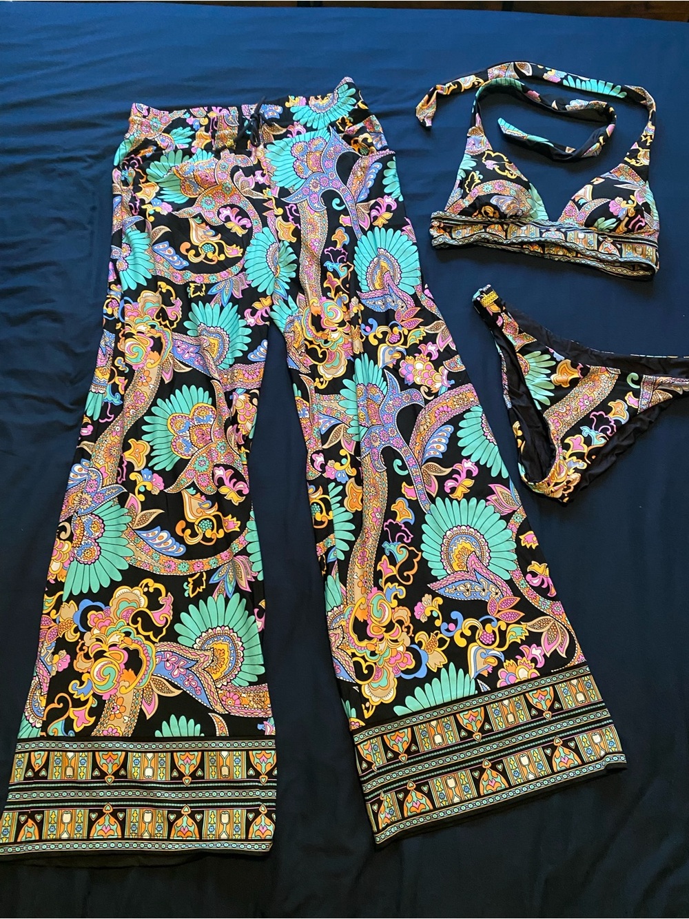 Black Paisley-Print Bikini Set with Matching Cover Pants